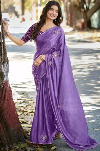 Purple ethnic motifs embroidered silk blend heavy work saree