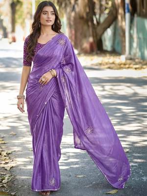 Purple ethnic motifs embroidered silk blend heavy work saree 4