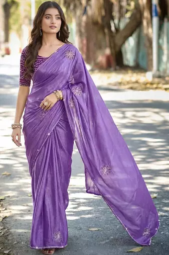 Purple ethnic motifs embroidered silk blend heavy work saree