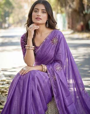 Purple ethnic motifs embroidered silk blend heavy work saree 5