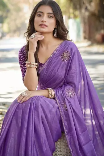 Purple ethnic motifs embroidered silk blend heavy work saree