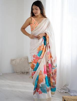White floral beads and stones  chiffon designer saree with matching blouse 1