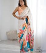White floral beads and stones  chiffon designer saree with matching blouse