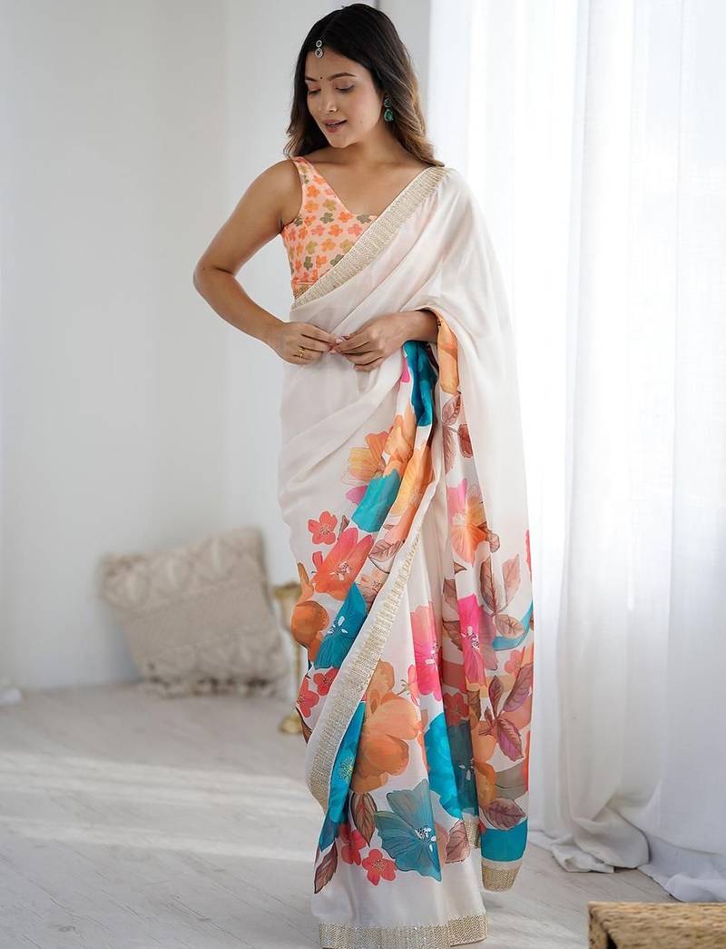 White floral beads and stones  chiffon designer saree with matching blouse