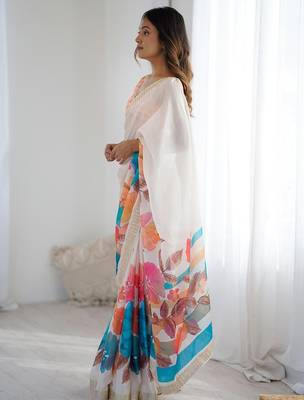 White floral beads and stones  chiffon designer saree with matching blouse 3