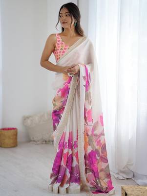 White women floral beads and stones  chiffon designer saree 1