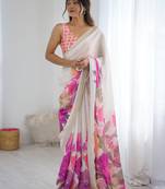 White women floral beads and stones  chiffon designer saree