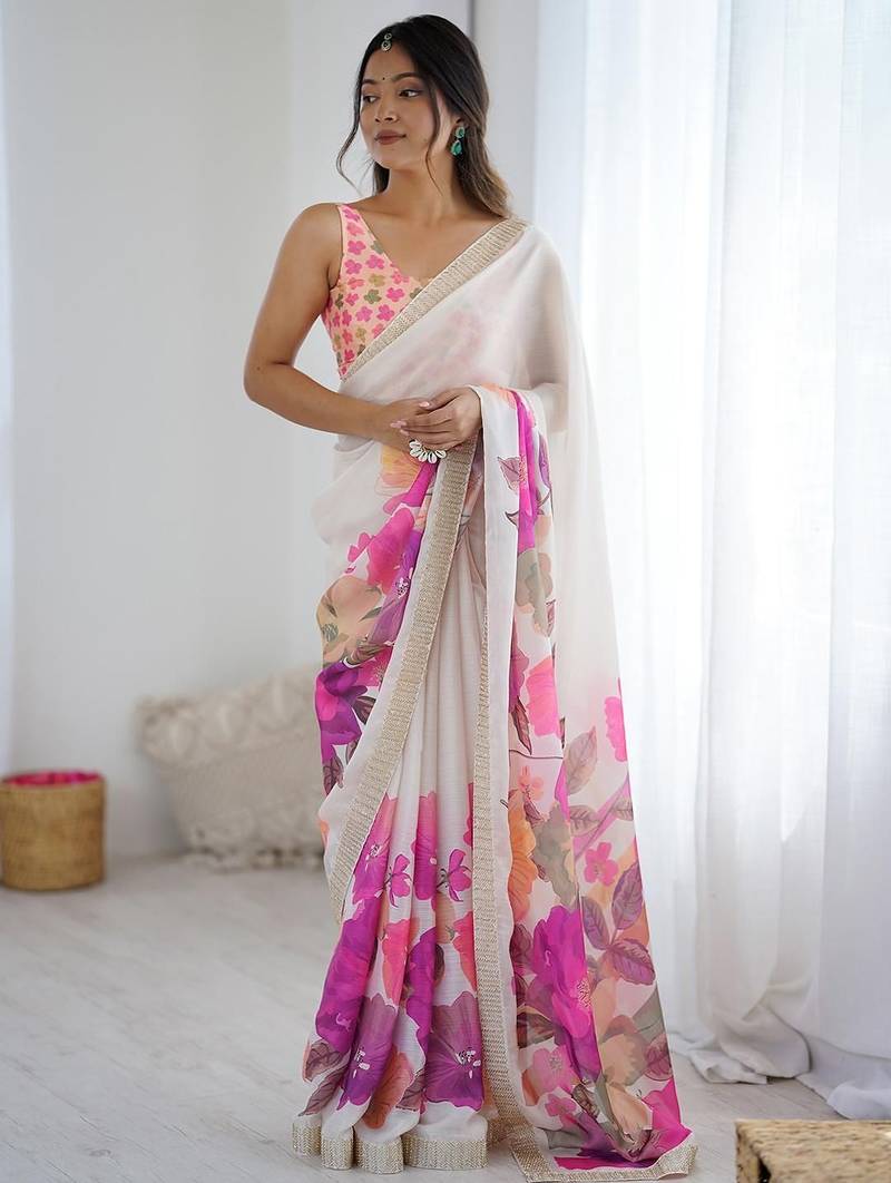 White women floral beads and stones  chiffon designer saree