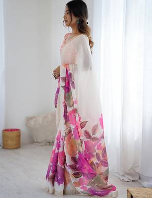 White women floral beads and stones  chiffon designer saree 2