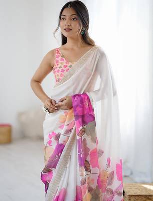 White women floral beads and stones  chiffon designer saree 4
