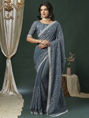 Grey embellished sequinned saree 1