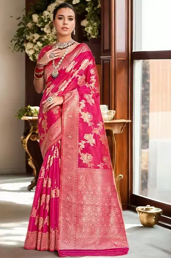 Pink ethnic motifs zari organza banarasi saree