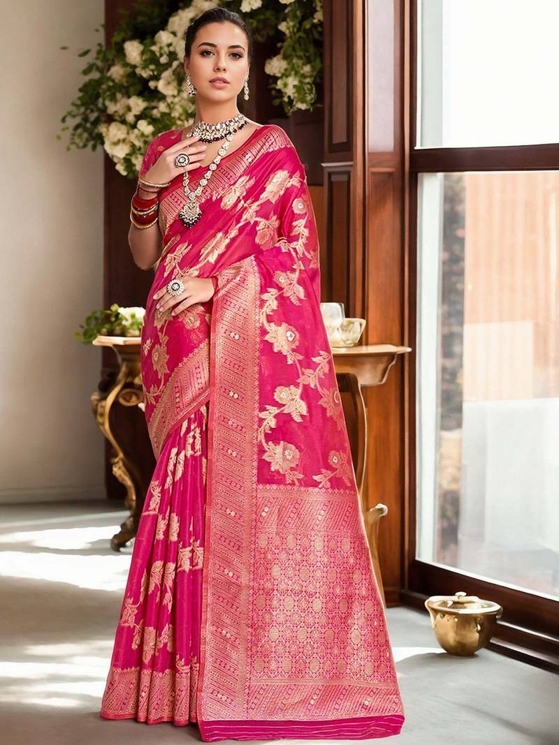 Pink ethnic motifs zari organza banarasi saree