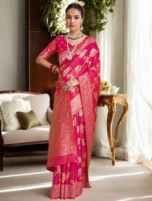 Pink ethnic motifs zari organza banarasi saree 2