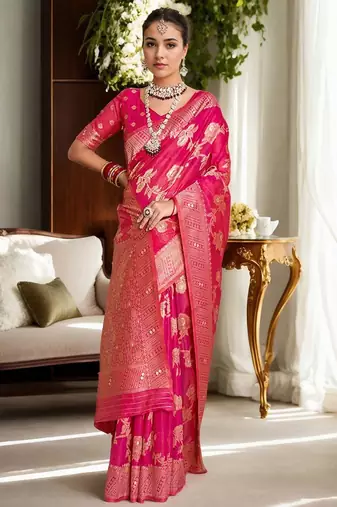 Pink ethnic motifs zari organza banarasi saree