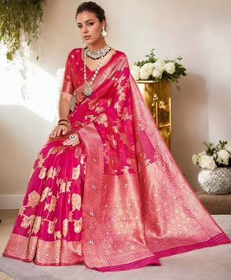 Pink ethnic motifs zari organza banarasi saree 3