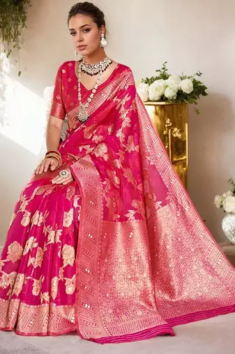 Pink ethnic motifs zari organza banarasi saree