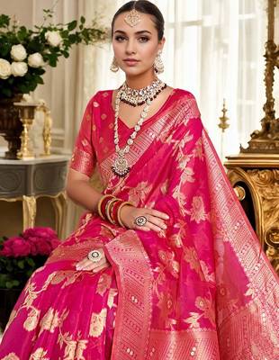 Pink ethnic motifs zari organza banarasi saree 4