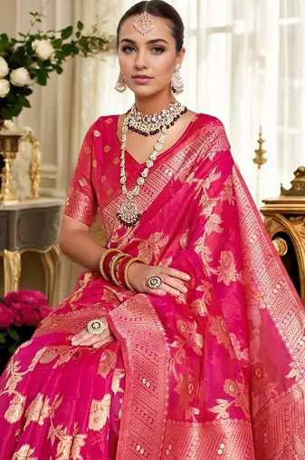 Pink ethnic motifs zari organza banarasi saree