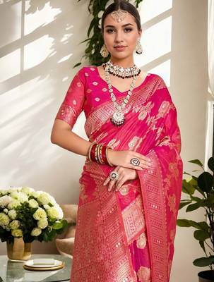 Pink ethnic motifs zari organza banarasi saree 5
