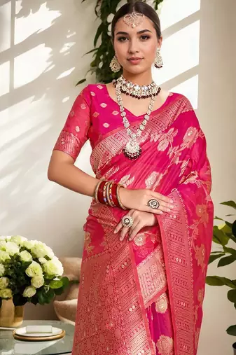 Pink ethnic motifs zari organza banarasi saree