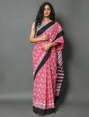 Pink ethnic motifs silk cotton saree 1