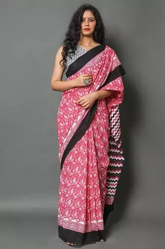 Pink ethnic motifs silk cotton saree