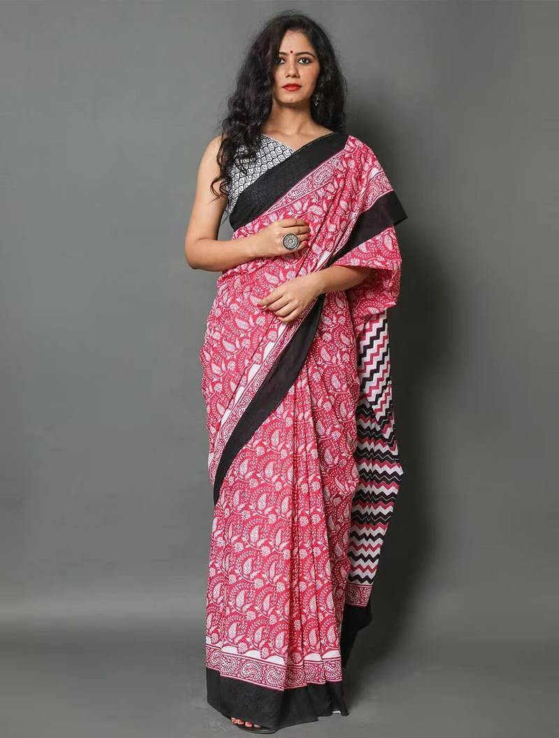 Pink ethnic motifs silk cotton saree