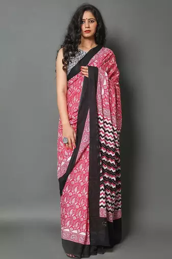 Pink ethnic motifs silk cotton saree