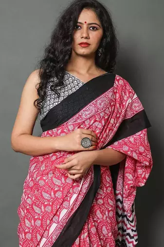 Pink ethnic motifs silk cotton saree
