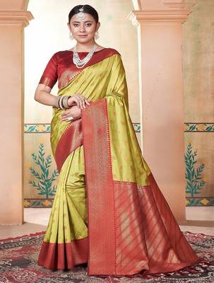 Lime ethnic motif zari woven kanjeevaram saree 1