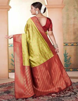 Lime ethnic motif zari woven kanjeevaram saree 2