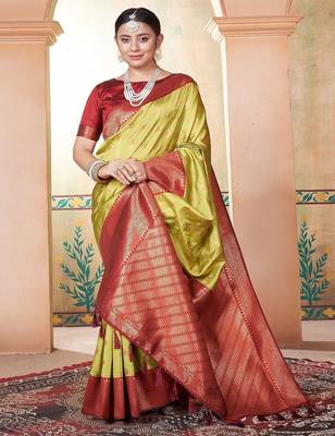 Lime ethnic motif zari woven kanjeevaram saree 3