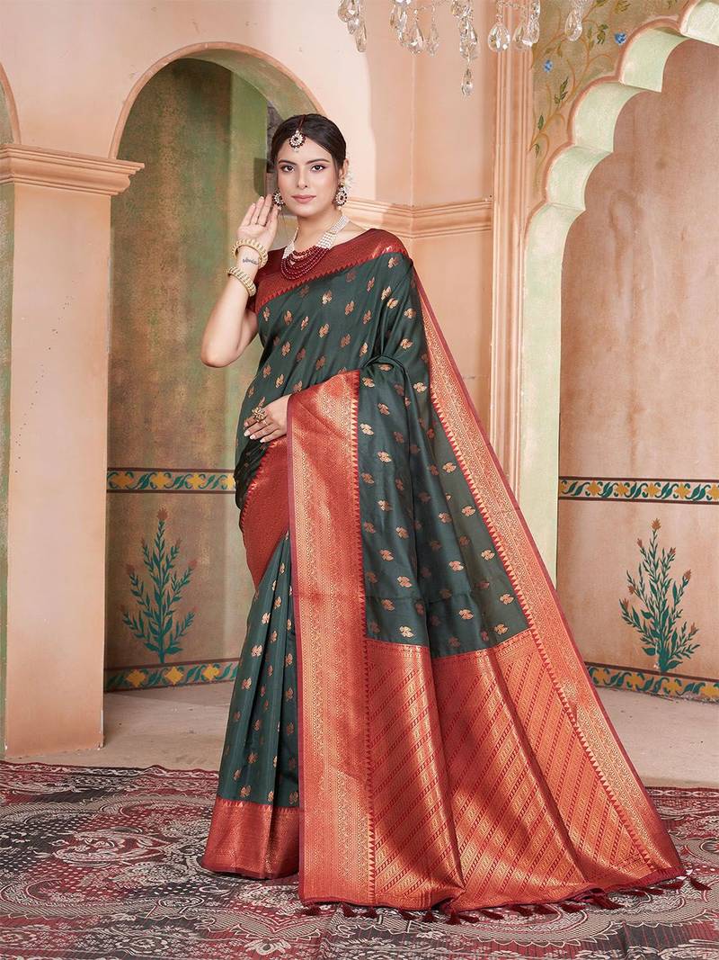 Green ethnic motifs zari silk blend kanjeevaram saree