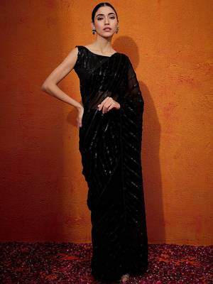 Black striped sequinned  georgette saree 1