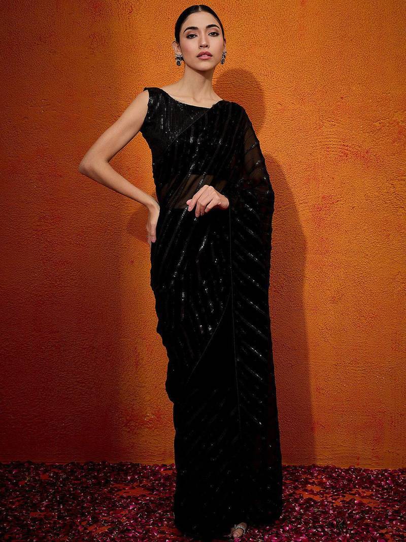 Black striped sequinned  georgette saree