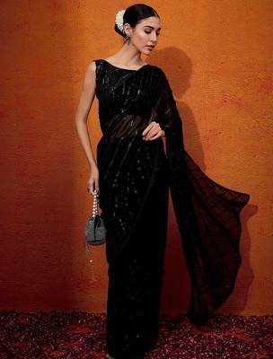 Black striped sequinned  georgette saree 4