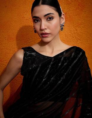 Black striped sequinned  georgette saree 5
