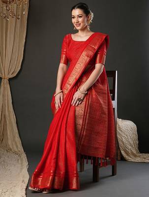 Red woven design zari banarasi saree 4