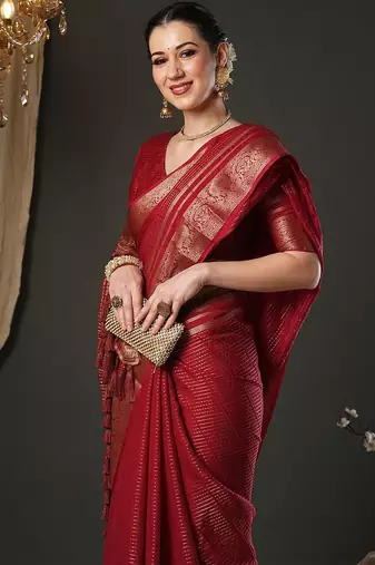 Maroon leheriya printed woven design zari banarasi saree