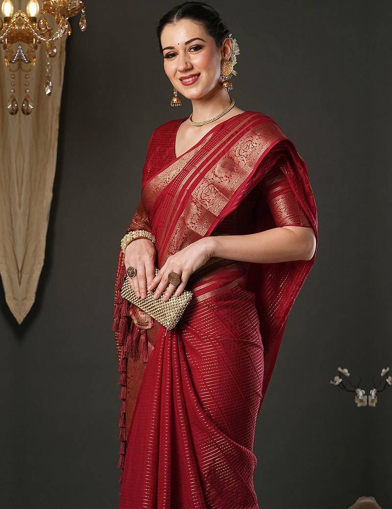 Maroon leheriya printed woven design zari banarasi saree