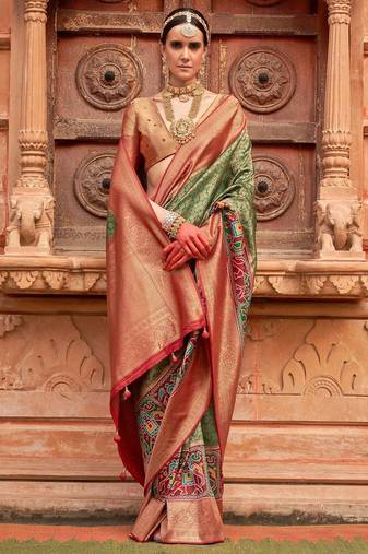 Green woven design printed zari  patola saree