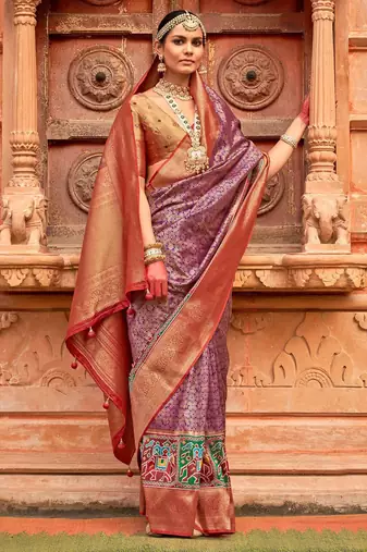 Purple woven design zari traditional festive wear patola saree