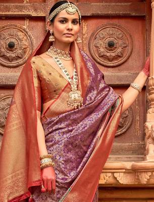 Purple woven design zari traditional festive wear patola saree 4