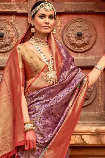 Purple woven design zari traditional festive wear patola saree