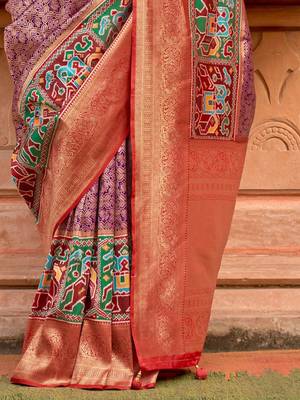 Purple woven design zari traditional festive wear patola saree 5