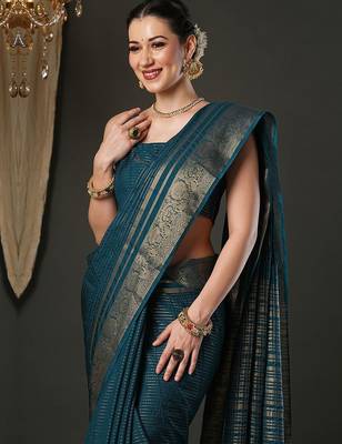 Teal woven design zari banarasi saree 1
