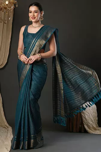 Teal woven design zari banarasi saree