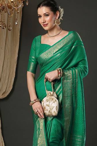 Teal woven design zari banarasi saree