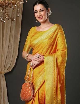 Yellow woven design zari banarasi saree 1